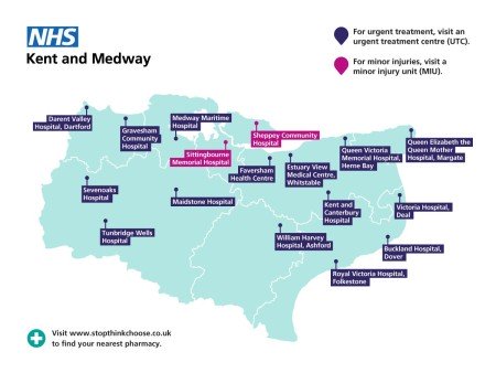 A map of urgent treatment centres and minor injuries units in Kent and Medway. Visit www.StopThinkChoose to find your nearest pharmacy. 